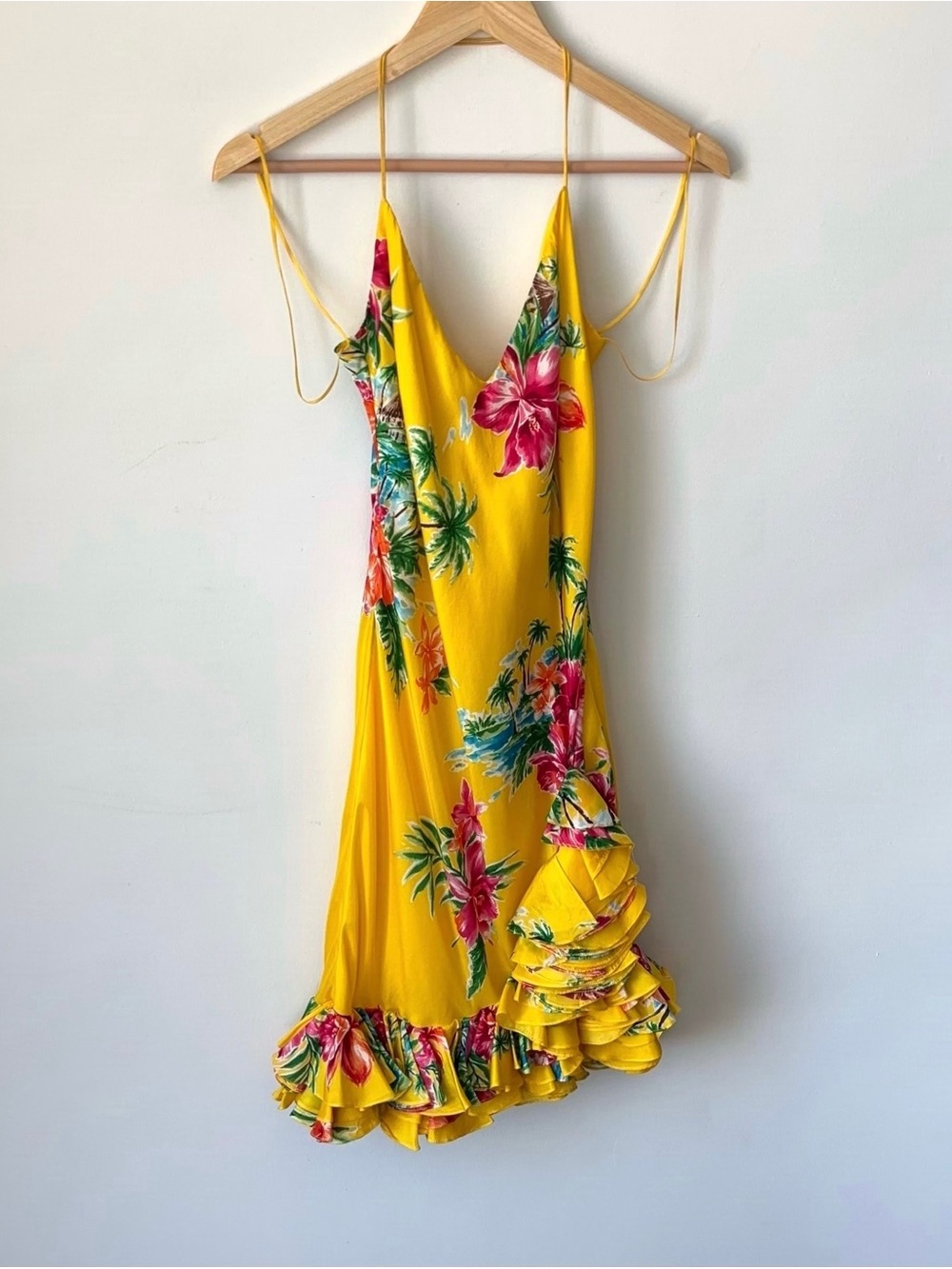 Vintage Ralph Lauren 100% Silk Ruffle Yellow Floral Mini Dress Size 4 Halter